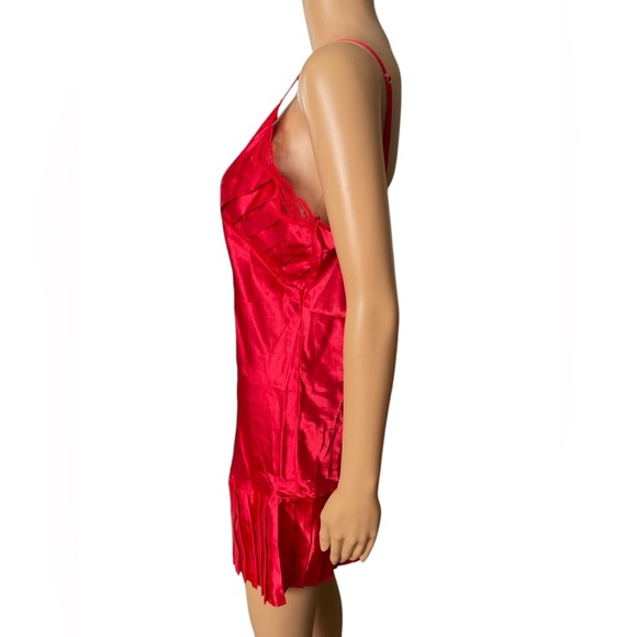 Lady Cameo Vintage 90s Red Satin Silky Pleated Lingerie Intimate Mini Slip Dress - Picture 4 of 6